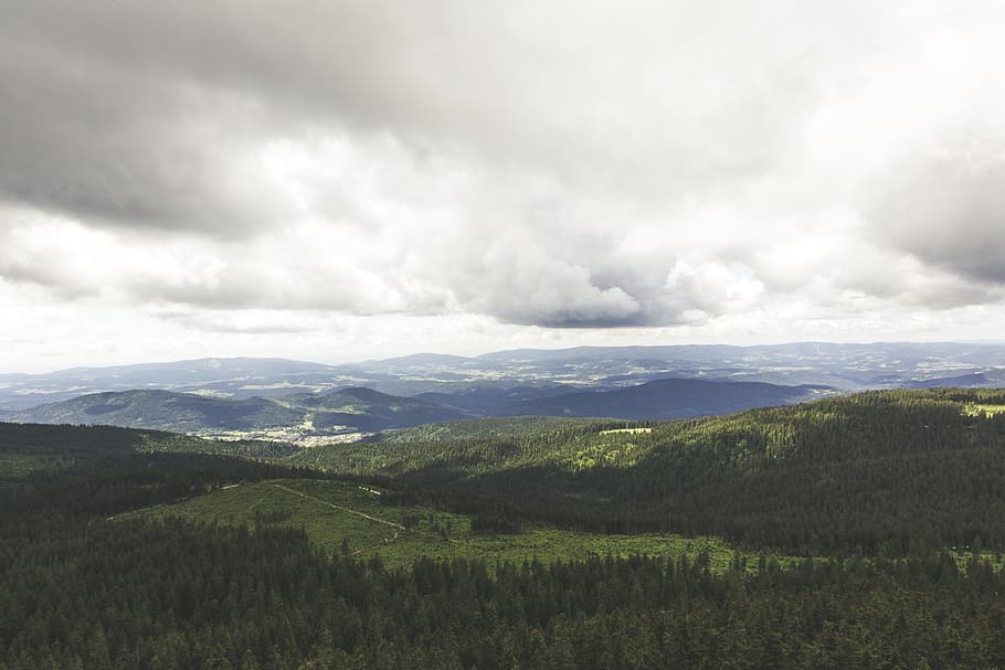 Green Trees on Mountain, cloudy, forest, idyllic, landscape, mountain range HD wallpaper