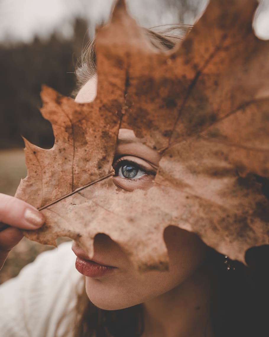 brown leaf, portrait, real people, one person, close-up, change HD wallpaper