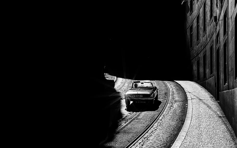 greyscale photo of car, portugal, lisboa, transportation, road