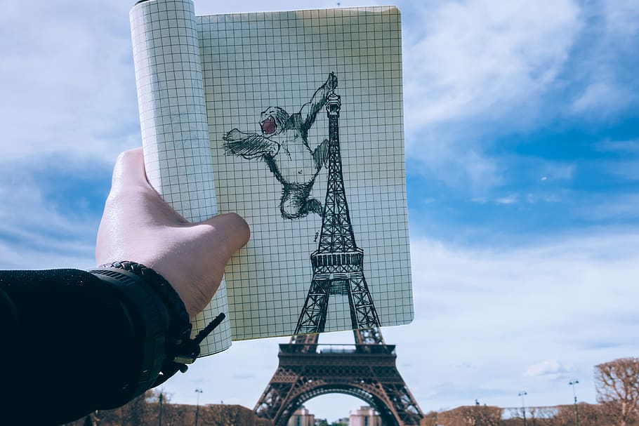 gorilla on Eiffel Tower sketch, real people, architecture, cloud - sky HD wallpaper