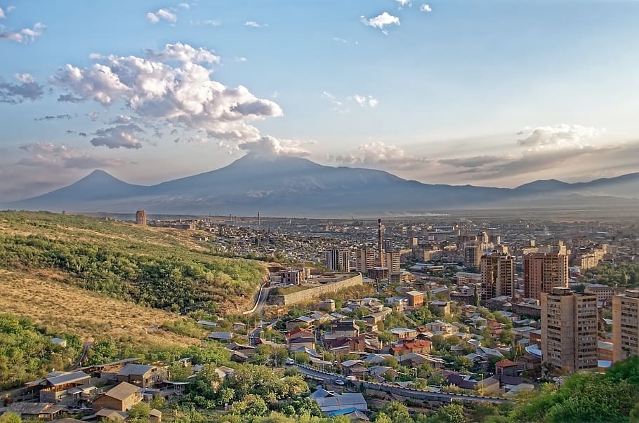 armenia, yerevan, ararat, city, mountains, landscape, sky, clouds HD wallpaper