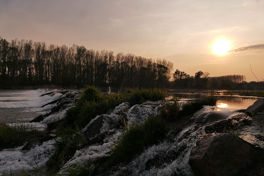 west, sun, the sky, clouds, trees, water, river, scenics - nature HD wallpaper