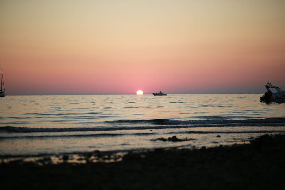 sunset, descending, orange, sea, water, sky, horizon, horizon over water HD wallpaper
