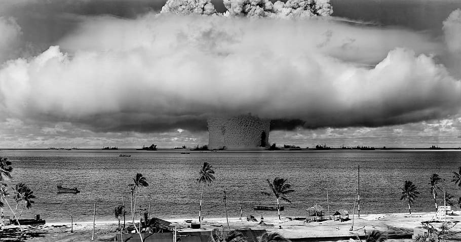 Grayscale Photo of Explosion on the Beach, atomic bomb, black-and-white, HD wallpaper