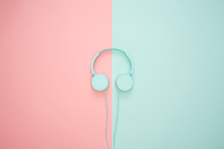 headphones, blue, pink, pastel colors, bright, flat lay, music, HD wallpaper