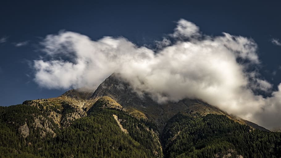 mountain, clouds, sky, landscape, nature, hill, mood, forest HD wallpaper