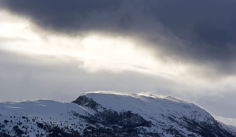 norway, nordfjordeid, storm, snowstorm, sky, mountain, dark, HD wallpaper