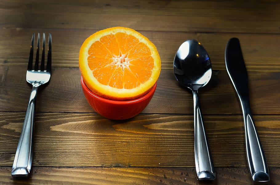 fork, food, spoon, table, utensil, knife, wooden, healthy, orange HD wallpaper