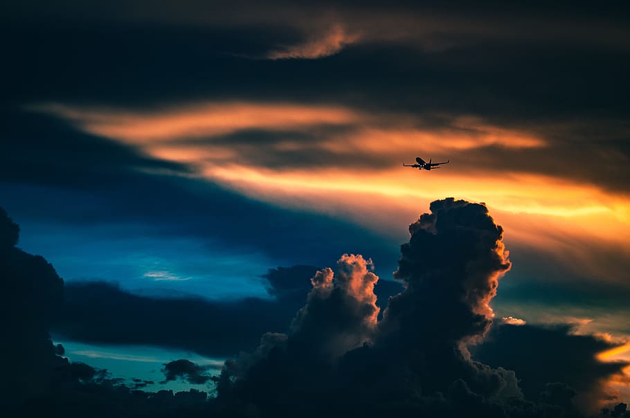 sunset, dusk, sky, clouds, airplane, transportation, travel HD wallpaper