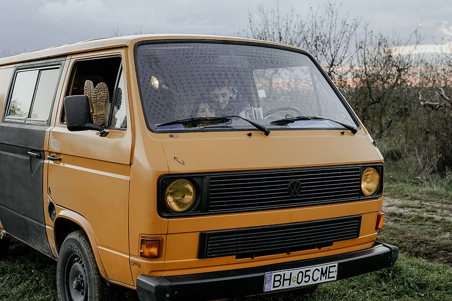 yellow Volswagen van, transportation, vehicle, minibus, windshield, HD wallpaper