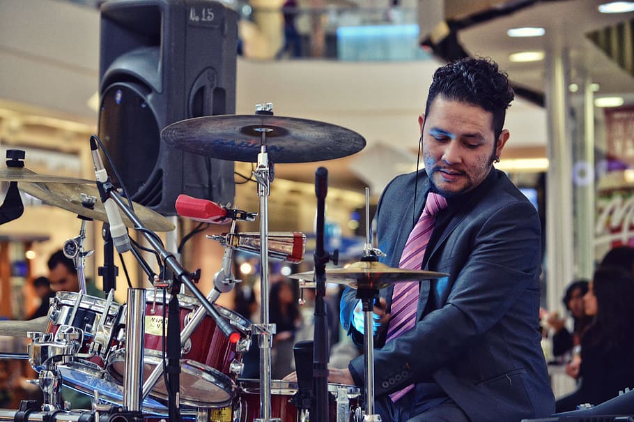 Man Playing Drum Inside Mall, adult, artist, band, boy, city, HD wallpaper