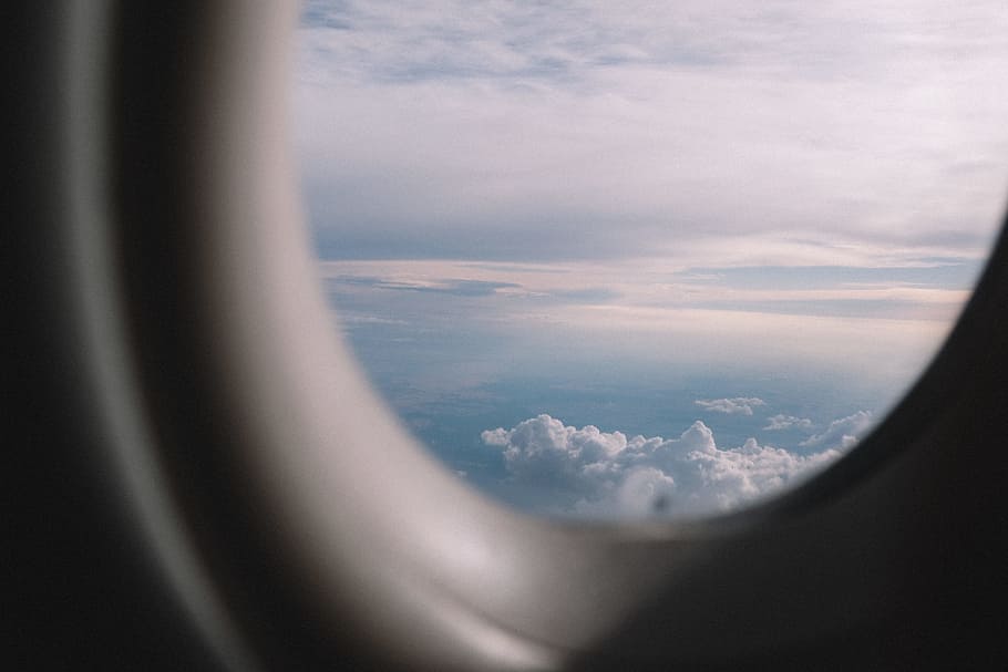 white and blue horizon, window, plane, blur, flight, heaven, cloud, HD wallpaper