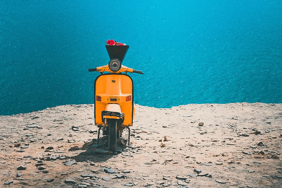 Orange and Black Motorcycle on Brown Sand, daylight, landscape HD wallpaper