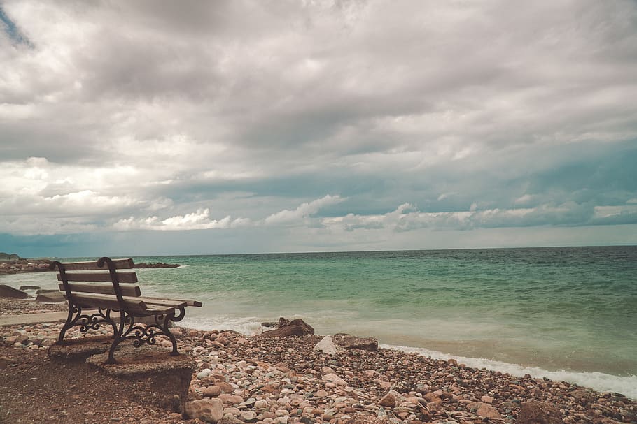 bench, sea, beach, landscape, ocean, water, clouds, summer HD wallpaper
