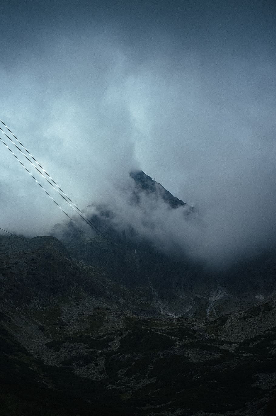 mountain covered with white clouds, nature, fog, outdoors, cable car HD wallpaper