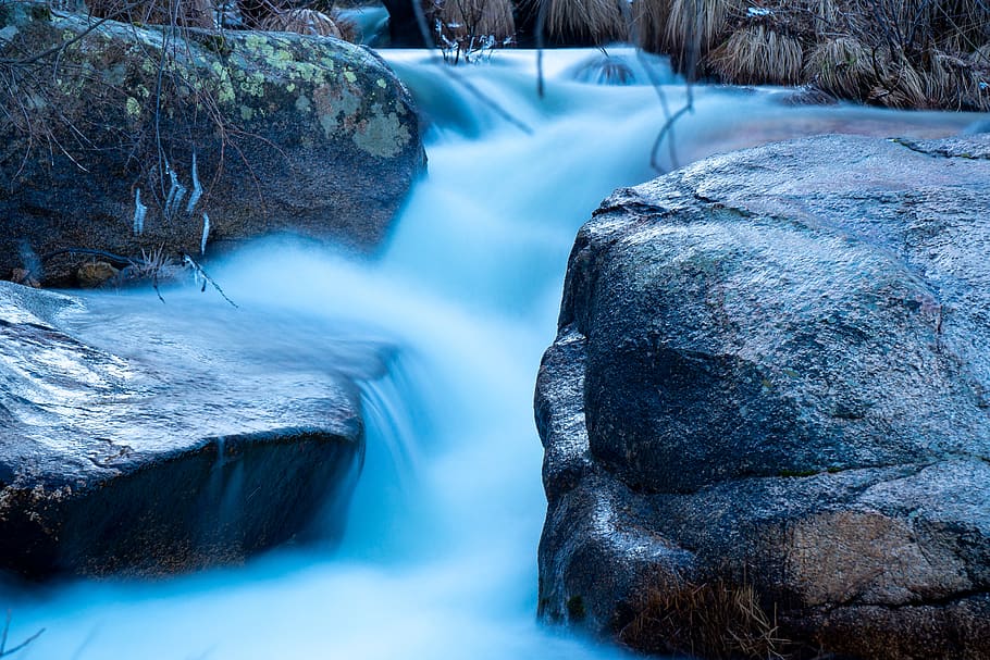 water, river, nature, waterfall, stones, brook, long exposure HD wallpaper