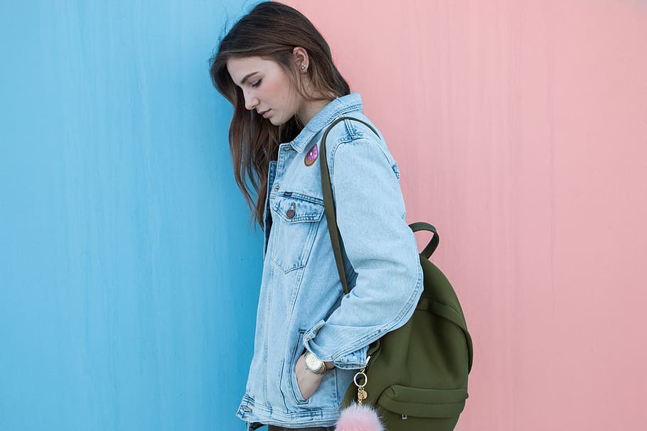 blue, denim, jacket, clothing, fashion, bag, backpack, people HD wallpaper