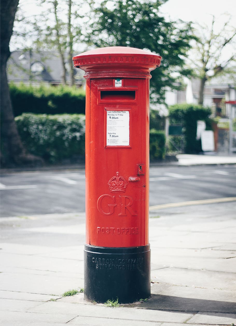 red and black GR post office letter container, postbox, mailbox, HD wallpaper