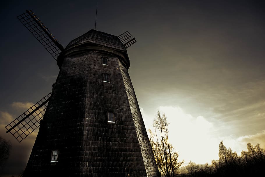windmill, sunlight, evening, winter, cold, seasons, farm, history HD wallpaper