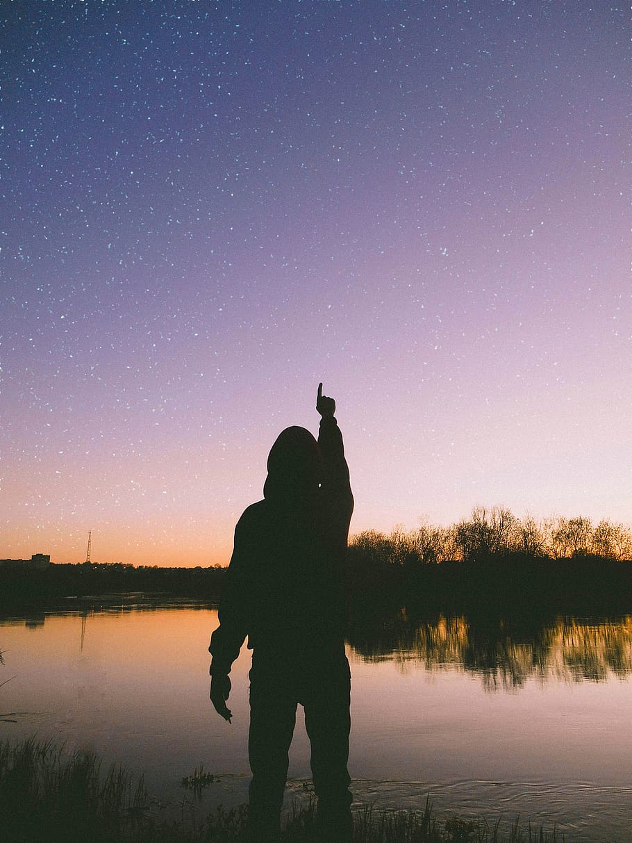 lake, water, trees, sunset, sky, stars, silhouette, real people HD wallpaper