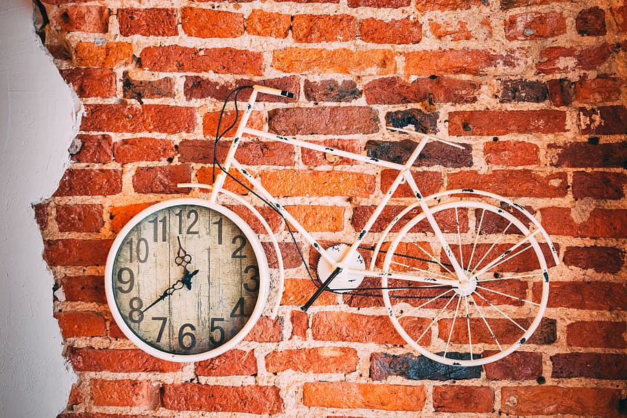 white bicycle analog wall clock, wall - building feature, architecture HD wallpaper
