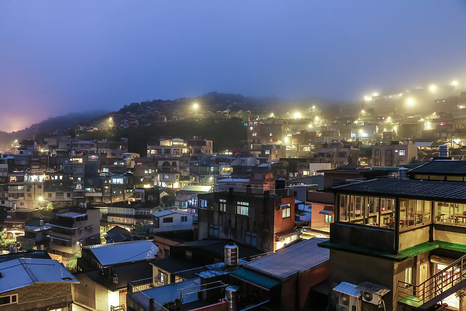 taiwan, ruifang district, jiufen, buildings, night, village