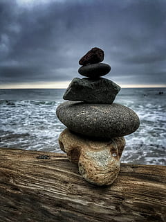 wood, sea, nature, sky, balance, beach, boulder, close-up, Dark Sky HD wallpaper