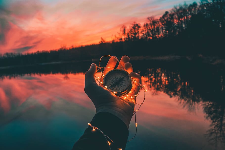 hand, light, compass, dark, nature, trees, sky, clouds, reflection HD wallpaper