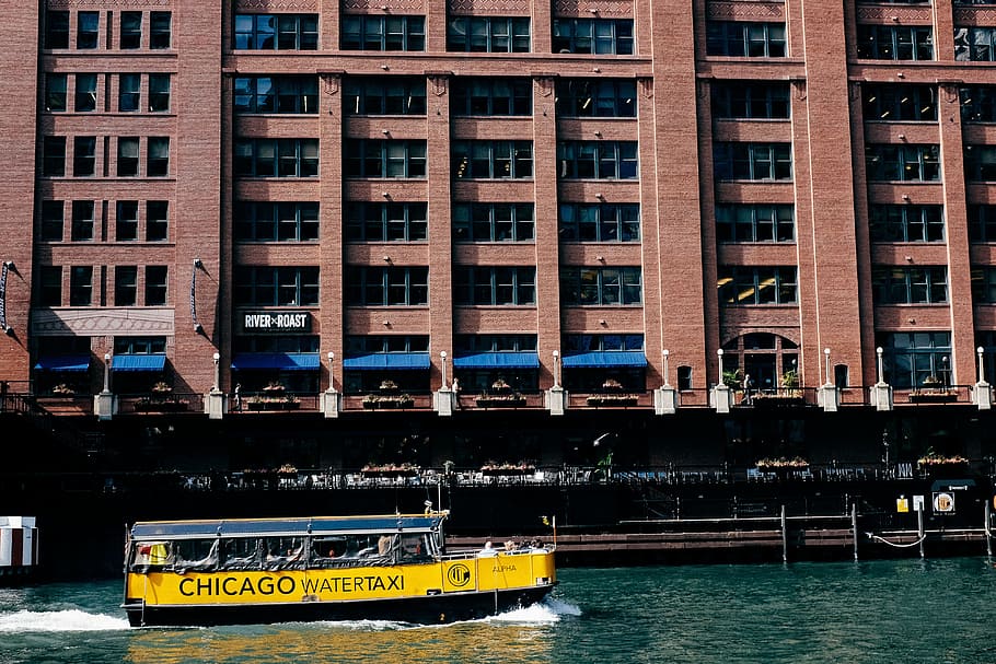 Watertaxi Chicago, 9, august, blue, boat, bridge, building, cab, HD wallpaper