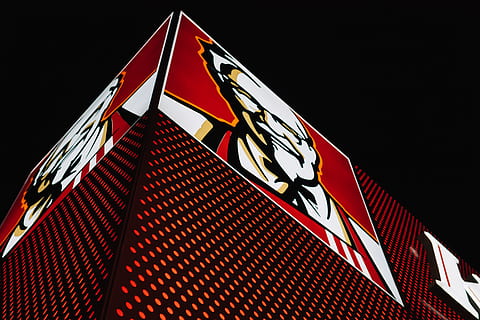 KFC emblem, logo, trademark, symbol, flag, light, building, neon HD wallpaper