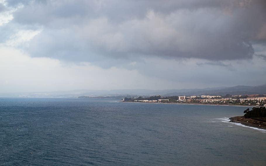 wallpaper, horizon, panoramic, view, sea, ocean, coast, clouds HD wallpaper