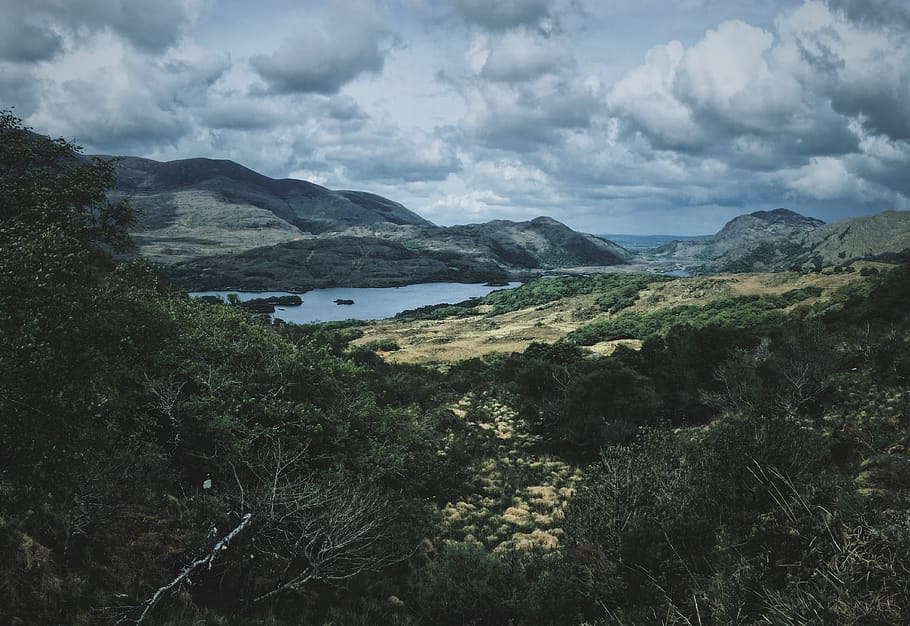 ireland, cahernabane, valley, mountains, lake, water, forest HD wallpaper