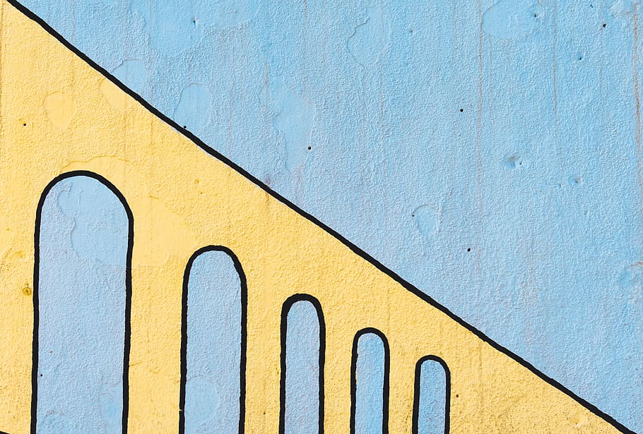yellow and blue wall décor, built structure, architecture, building exterior HD wallpaper