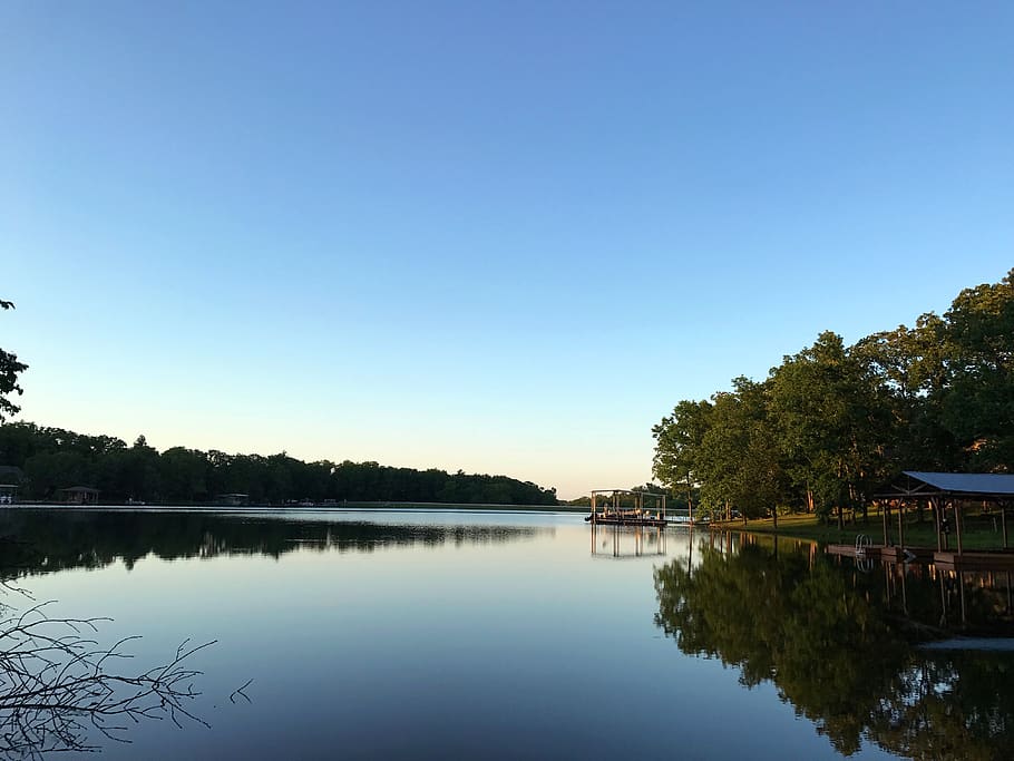 lake, trees, dock, water, sky, reflection, plant, tranquility HD wallpaper