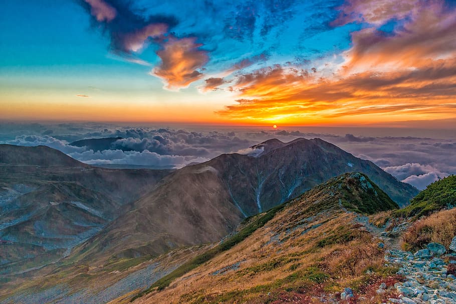Mountains Under Cloudy Sky, beautiful, cliff, clouds, dawn, evening HD wallpaper