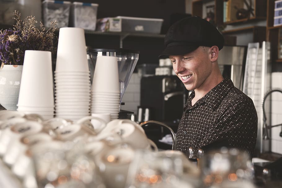 smiling man beside cups, happiness, one person, business, emotion HD wallpaper