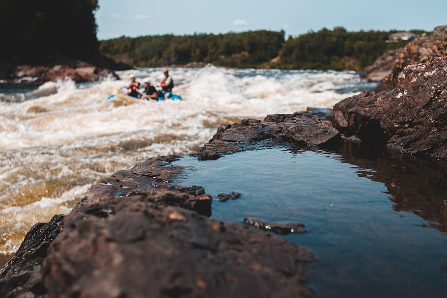 people riding raft on river during daytime, water, rock, solid HD wallpaper
