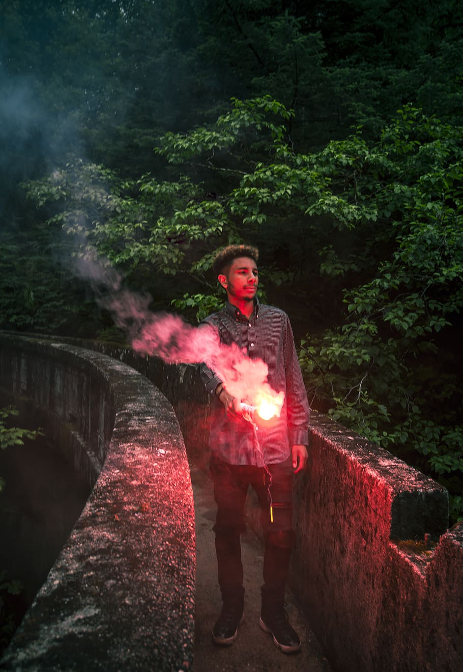 flare, fire, forest, dam, flame, red, smoke, one person, tree HD wallpaper