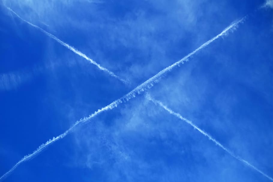 sky, blue, contrail, clouds, x, cross, symmetrical, symmetry HD wallpaper