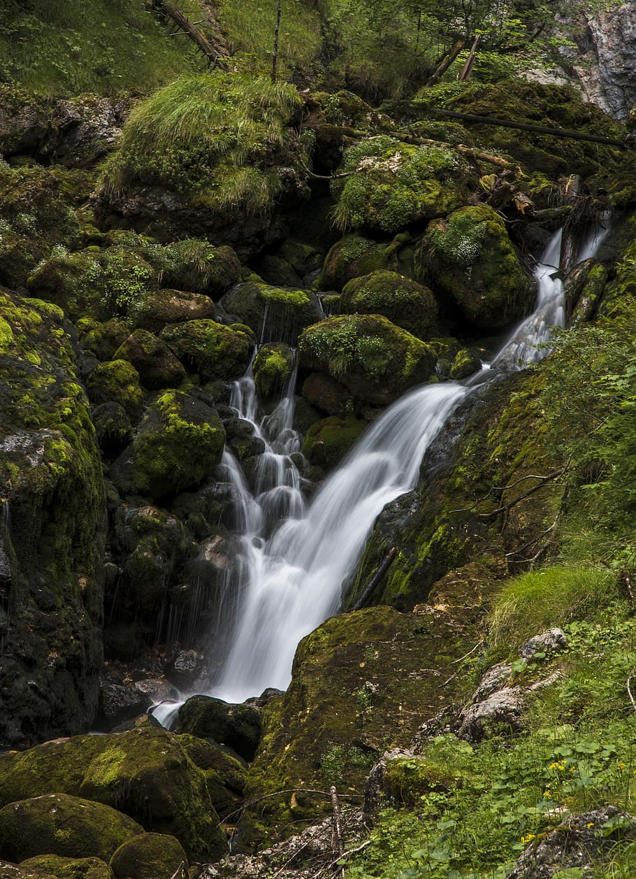 waterfall in between green grass, nature, river, outdoors, austria HD wallpaper