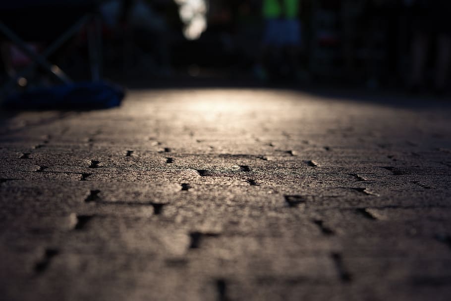 bricks, street, sunset, selective focus, city, road, surface level HD wallpaper