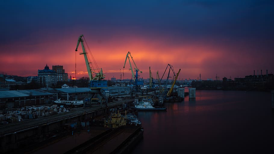 kiev, ukraine, sky, evening, crane, river, cityscape, water HD wallpaper