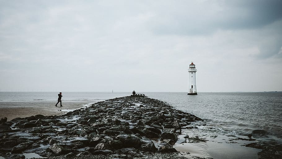 lighthouse, river, rocks, sea, water, beach, explore, sky, rock - object HD wallpaper