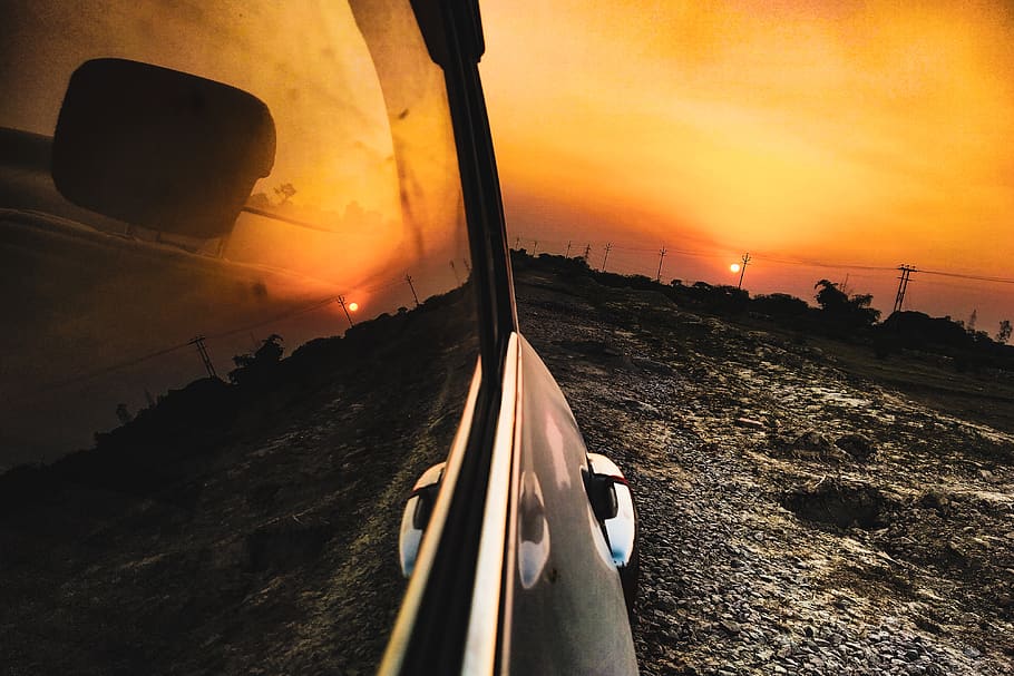 reflection, car window, sunset, evening sky, evening sun, golden sky HD wallpaper