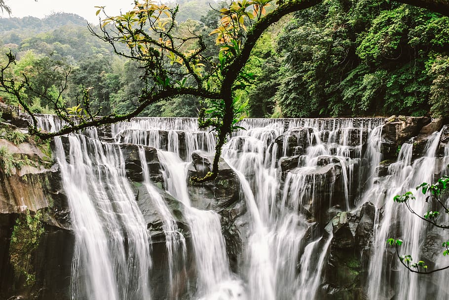 Cluster Waterfalls Surrounded With Trees, daylight, environment HD wallpaper
