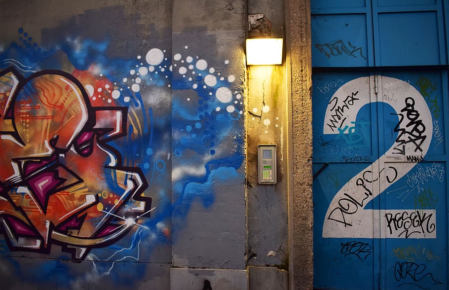 wall street art in a public place, blue, no people, graffiti, HD wallpaper