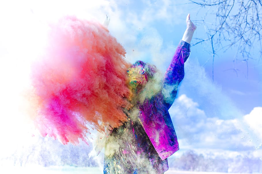 person covered by holi powder, united states, redding, cloud, HD wallpaper