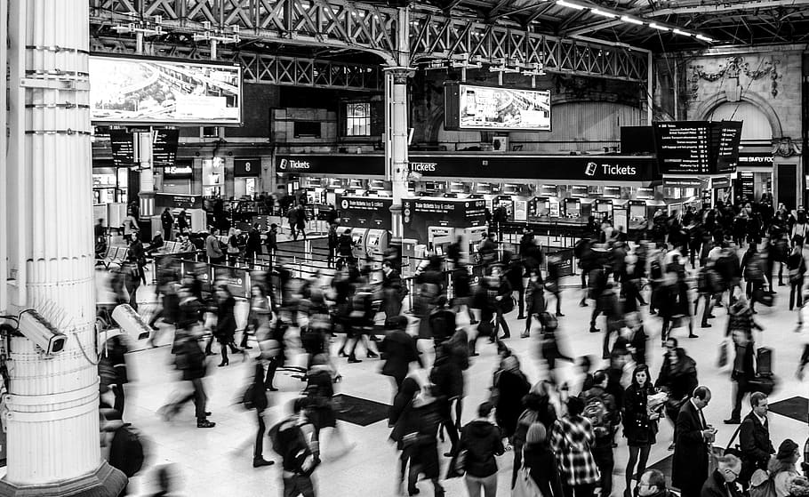 Grayscale Photography of People Walking in Train Station, black and white, HD wallpaper