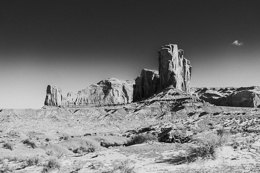 grayscale photo of rock formation, ground, nature, outdoors, mesa