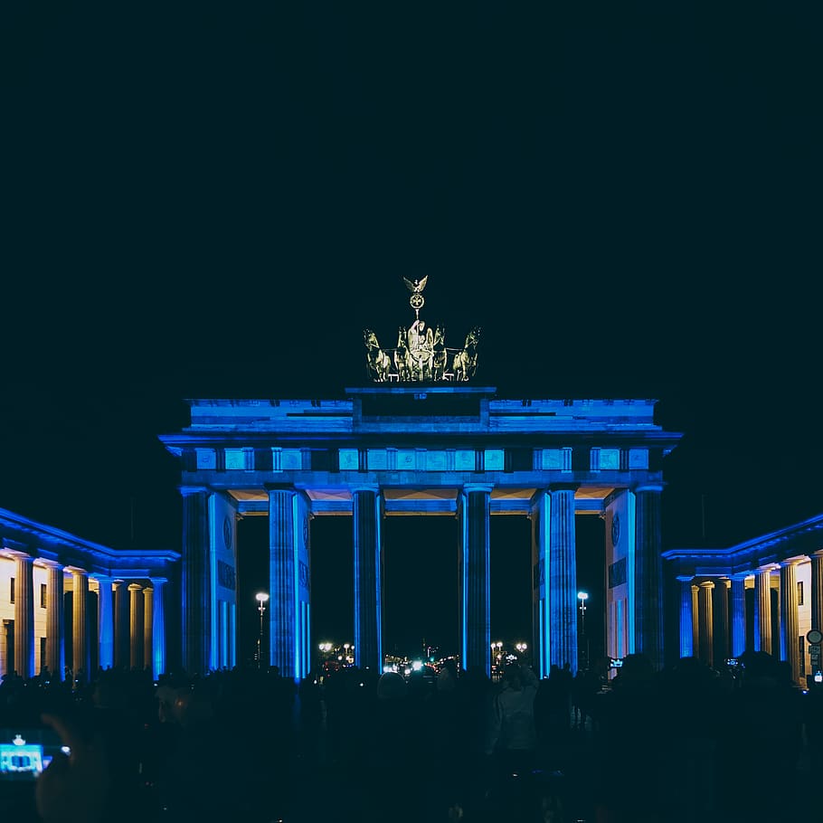 architecture, building, columns, dark, illuminated, landscape HD wallpaper